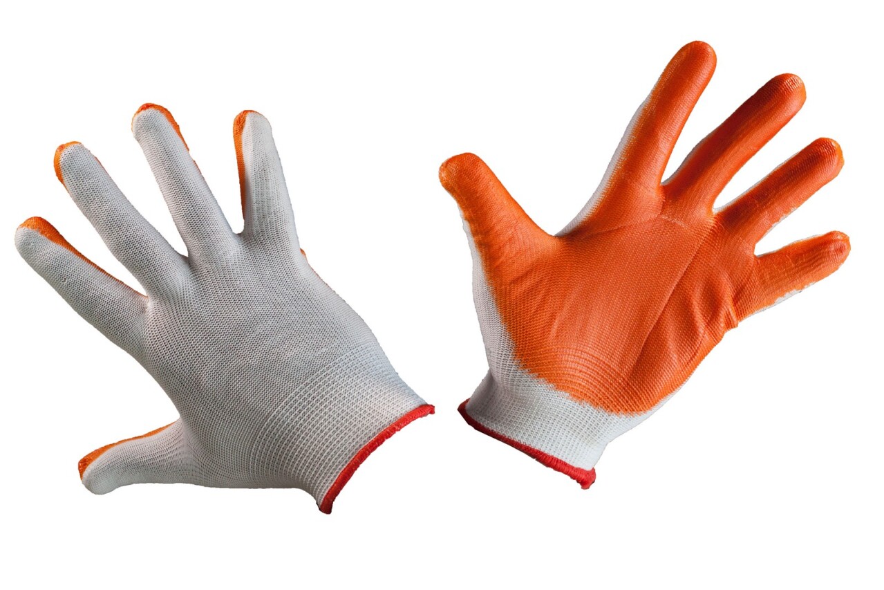 Перчатки нейлон бел. с оранж.облит.№8
